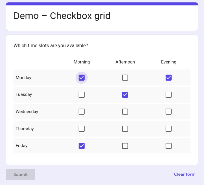 Respondent view of a Google Forms checkbox grid with several time slots ticked on Monday