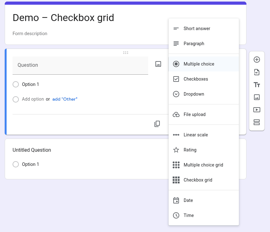 Question type menu in Google Forms with Checkbox grid listed below Multiple choice grid
