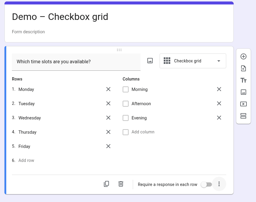 Google Forms editor showing a checkbox grid question with weekday rows and Morning, Afternoon, Evening columns