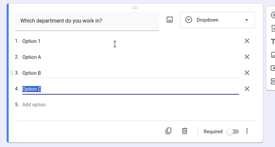 Dropdown question after pasting a three-line list: Option A, Option B and Option C were created as separate options below the existing Option 1