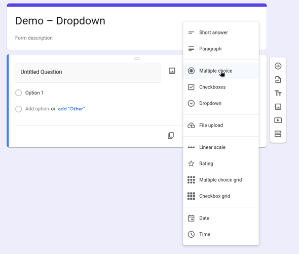 Google Forms question-type menu open on a new question, listing Short answer, Paragraph, Multiple choice, Checkboxes, Dropdown and the other types