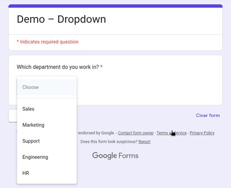 Respondent view of a required dropdown question opened, with the Choose placeholder and the options Sales, Marketing, Support, Engineering and HR